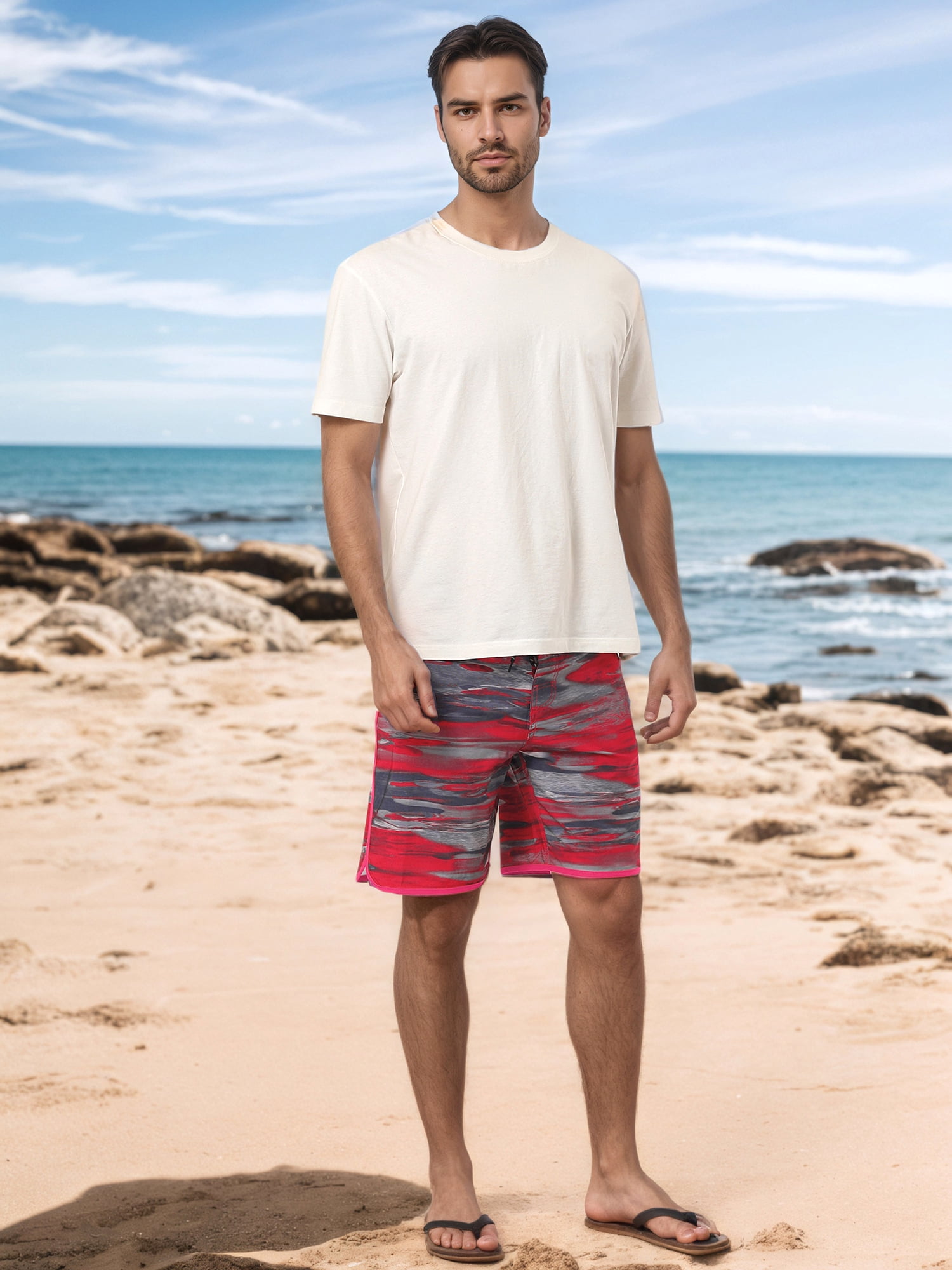 DARING DIVA Men's Summer Drawstring Elastic Waist Color Block Beach Shorts 30 Dark Red