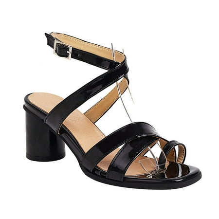 

EQWLJWE Sandals Women 2022 Solid Color Microfiber Leather Chunky High Heels Ladies Summer Sandals Buckle Set of Toes Shoes