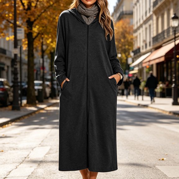 SELONE Bathrobes for Women Zip Front Plus Size Long Dress Full Zip Long Sleeve Hooded Robe with Pockets Cozy Homewear
