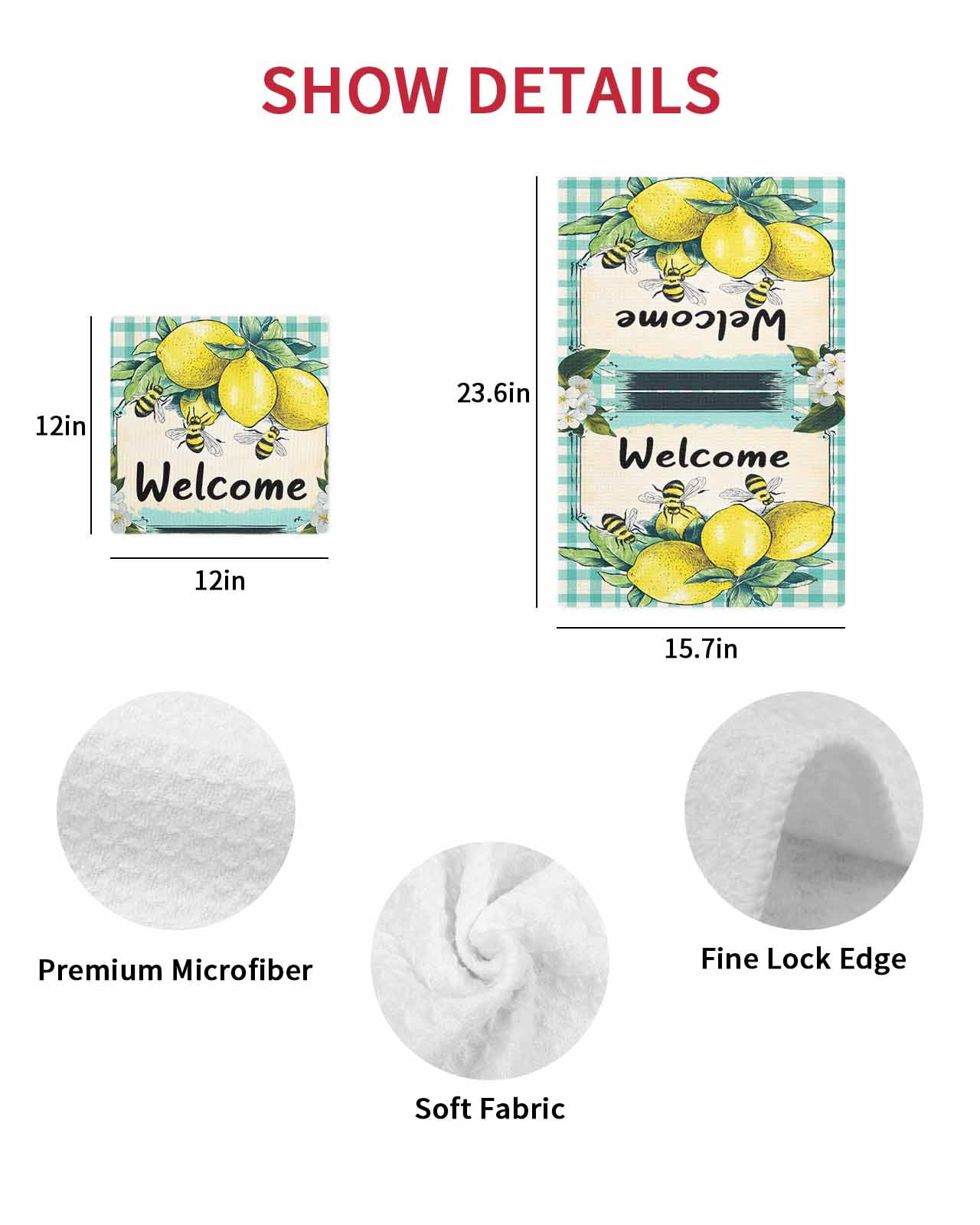 Summer Lemon Kitchen Dish Towels for Drying Dishes Set of 4, Spring Bees Turquoise Plaid Waffle Weave Microfiber Terry Hand Tea Bathroom Towels Quick Dry & Absorbent Towel 12x12