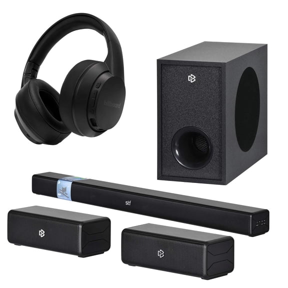 Combo Home Audio barra de sonido 5.1 con subwoofer inalámbrico STF y Lusso audífonos On Ear inalámbrico BILLBOARD color negro