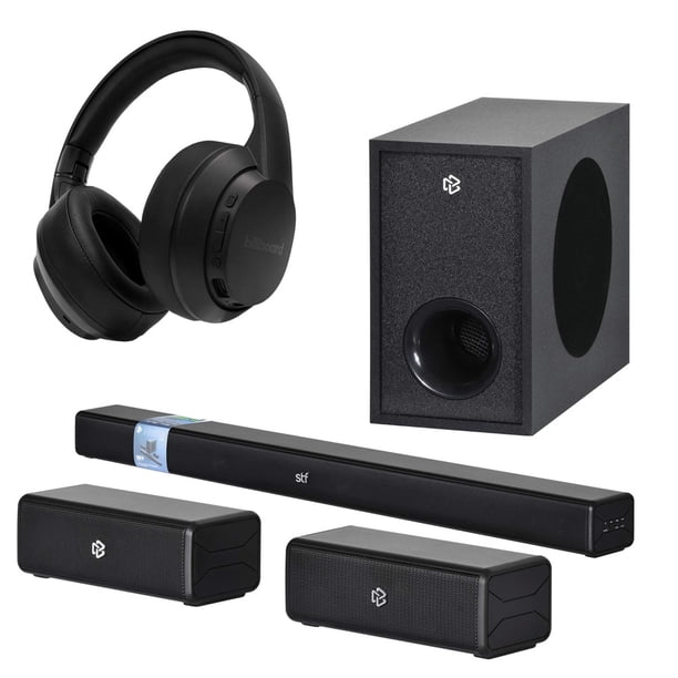 Combo Home Audio barra de sonido 5.1 con subwoofer inalámbrico STF y Lusso audífonos On Ear inalámbrico BILLBOARD color negro