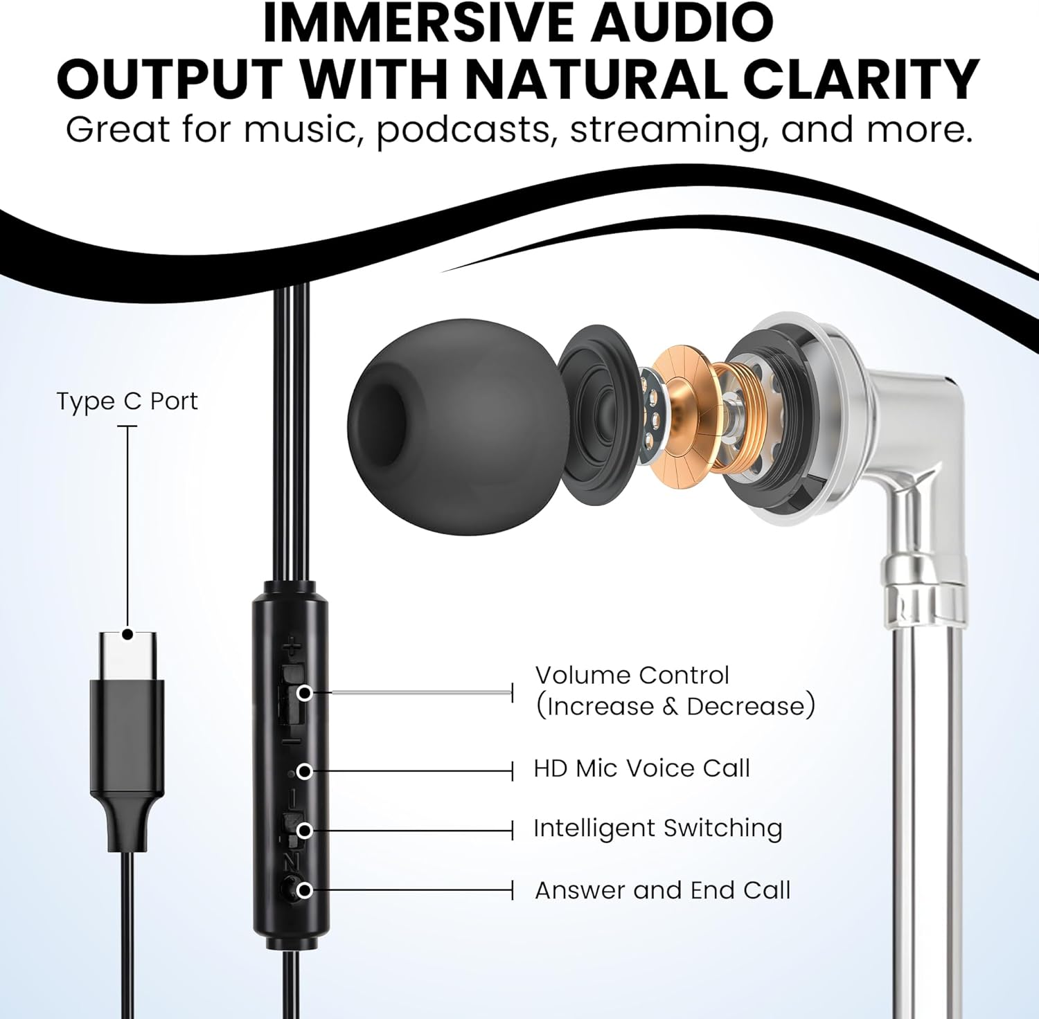 RadEnergy Airtube Headphones, EMF Free Earbuds, Air Tube Headphones With Zipper Bags, 3D Sound, Microphone Volume Control, for Work Meetings, Sleep, Gym, High Audio Quality Devices (USB-C)