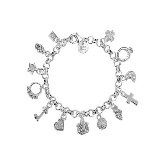 Silver Fashion Pendant Chain Charm Bracelet for Women for Teen Girls Lady Gift Women Fine Jewelry,Verbose Charm Bracelet With Mixed Charms In Silver Tone(Silver,)