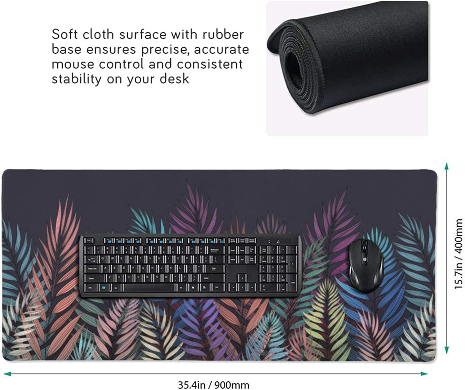 Large Mouse Pad for Desk, Abstract Palm Leaves Desk Mats on Top of Desks, Non-Slip Rubber Base Mousepad with Stitched Edges, Keyboard Mouse Mat Desk Pad for Work, Game, Office, 35.5"x16"x0.12"