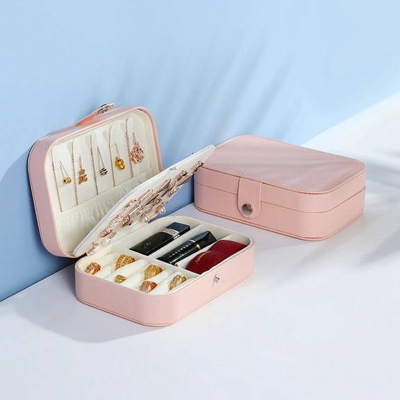 2pc Rectangle PU Leather Jewelry Box with Mirror Travel Portable Jewelry Case Zipper Storage Boxes for Necklaces Rings Earrings and Pendants Pink 11.5x16x5cm