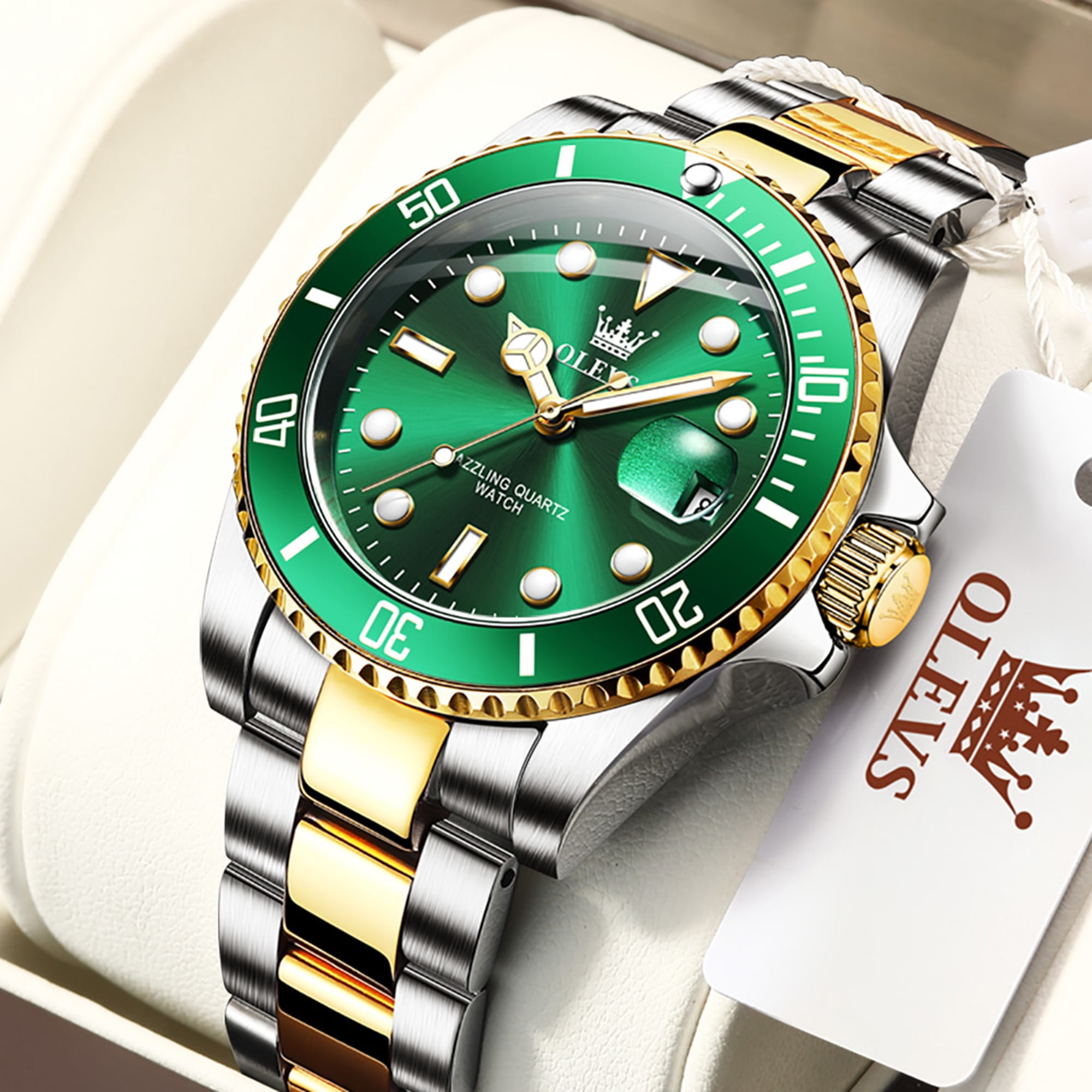 OLEVS Watches for Men Luxury Classic Dress Analog Quartz Fashion Two Tone Gold Plated Stainless Steel Date Waterproof Luminous Mens Wrist Watches Reloj Para Hombre Green/Black/Blue