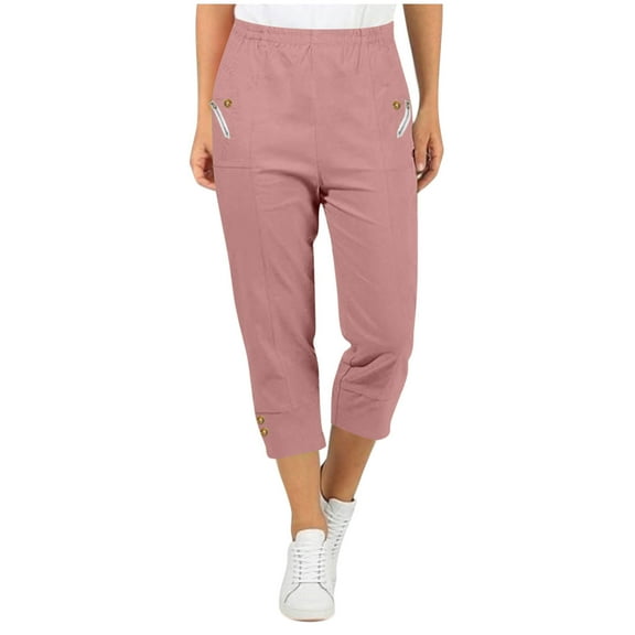 Wyobmus Womens Capri Pants Soft 3/4 Cropped Pants Stretch Slim Fitted Work Trousers Elastic Waist Summer Pants S-2X Pink