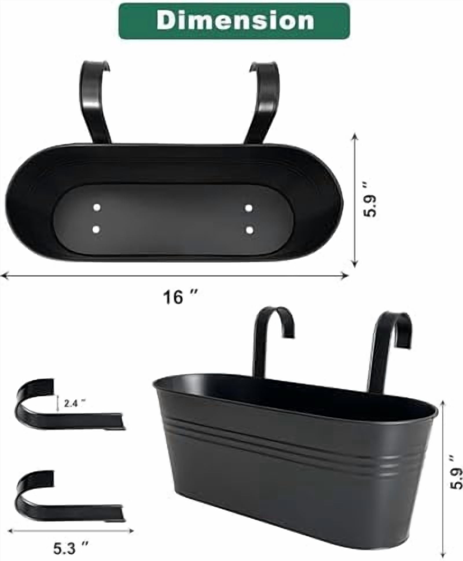 RibRave 16" Metal Railing Planters for Outdoor Plants, 5 Pcs Large Hanging Flower Pots with Detachable Hooks & Drain Holes, Oval Balcony Fence Planter Baskets for Herbs & Succulents, Black