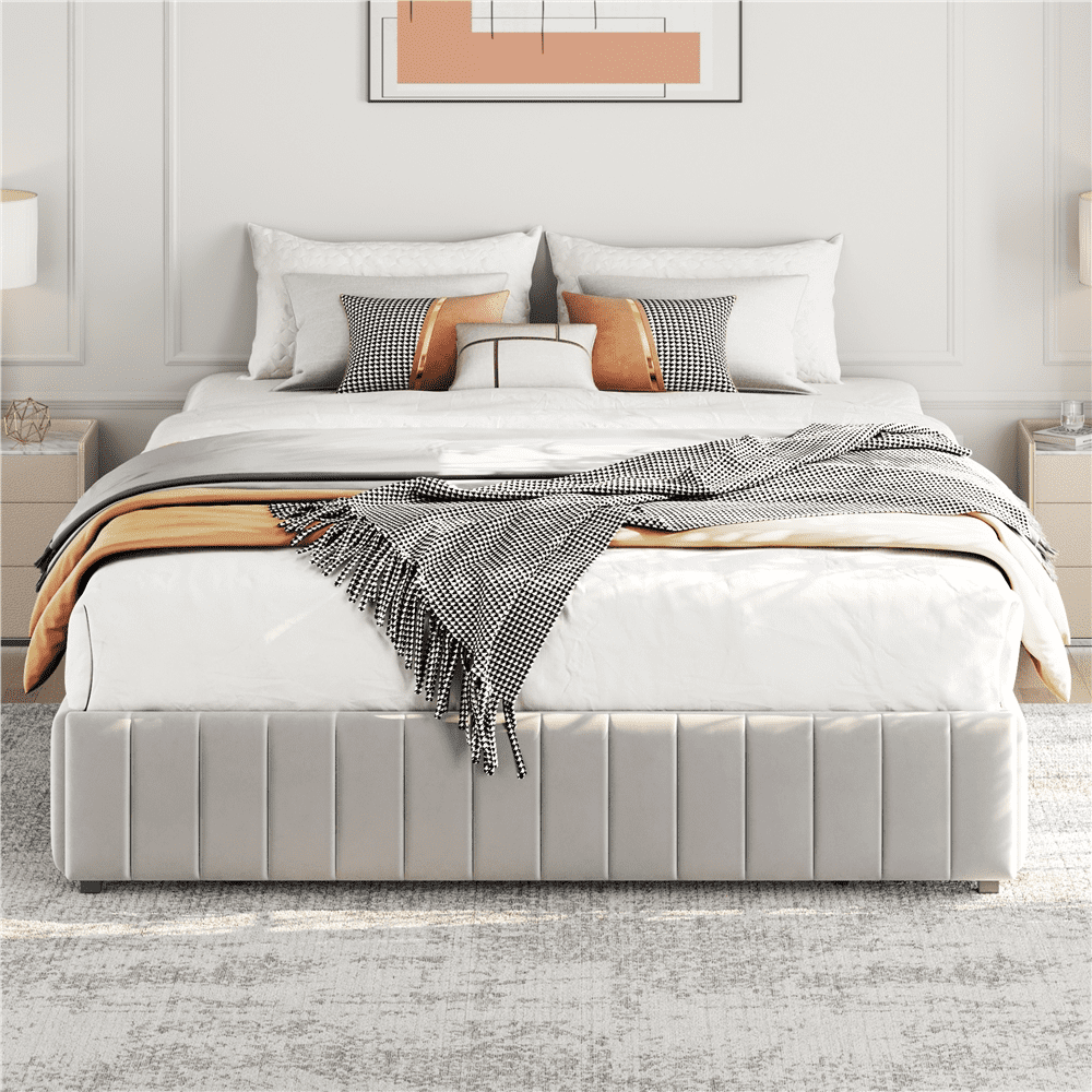 Fullfurnique Upholstered Platform Bed Frame with Three Storage Drawers, Queen, Beige