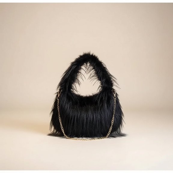 Women’s Faux Fur Hobo Shoulder Bag With Chain Strap Soft Plush Purse (Black)