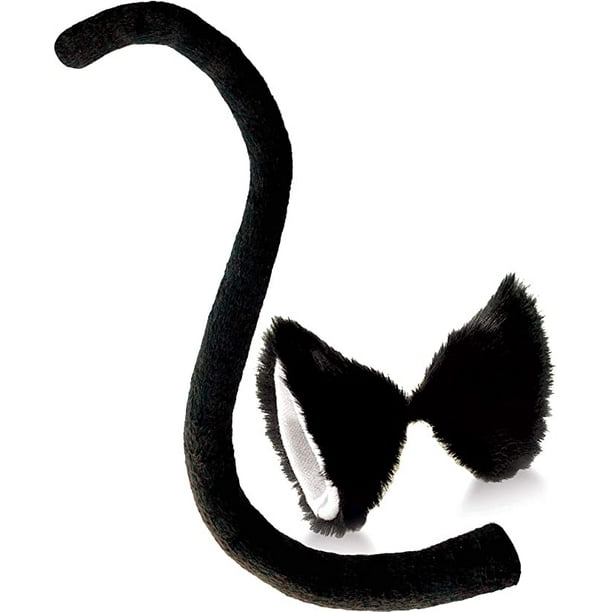 Juego de orejas y cola de gato negro con clip de orejas y cola larga para disfraz de cosplay de animales blanco y negro para mujeres/niñas/niños, Halloween,