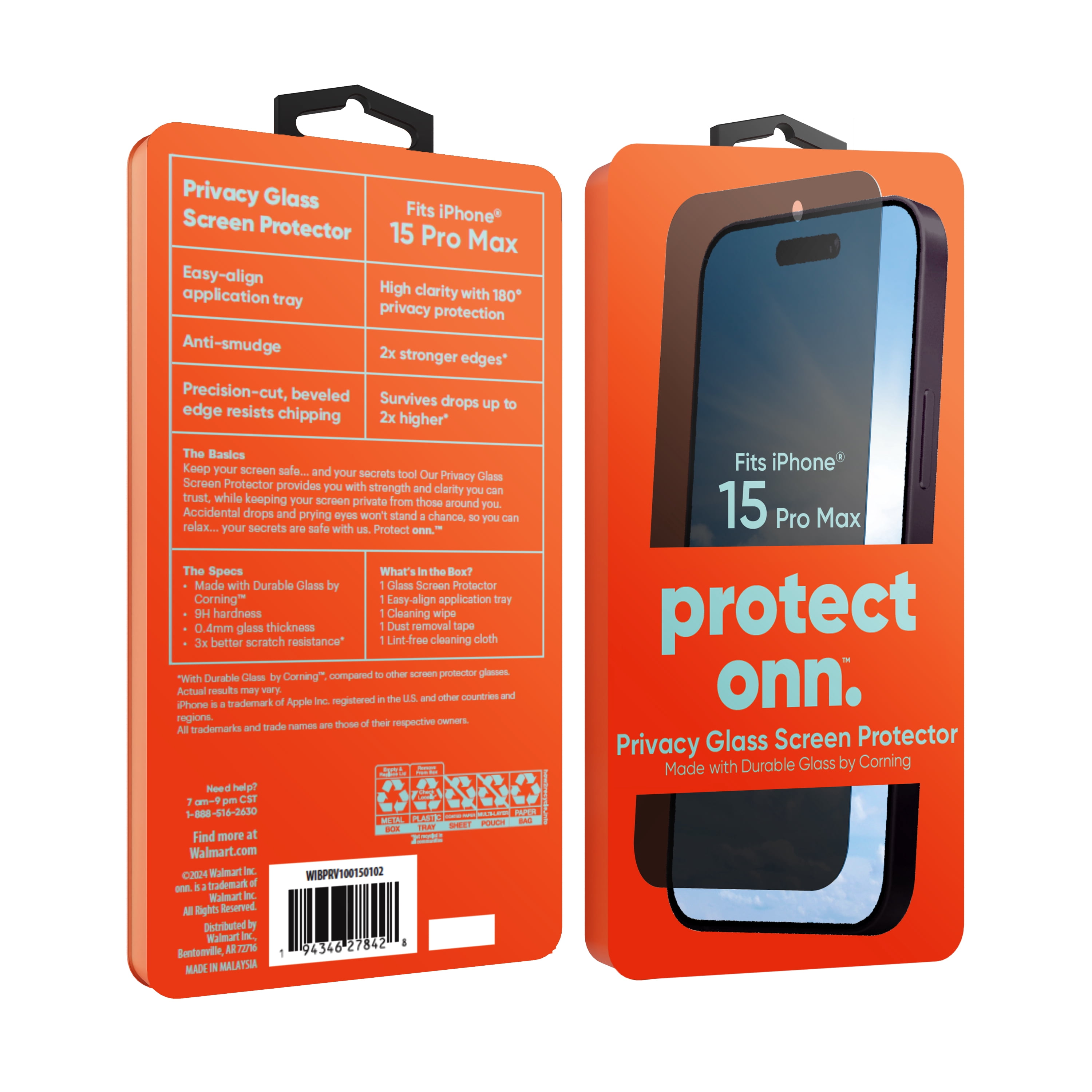 onn. iPhone 15 Pro Max Privacy Corning Glass Screen Protector
