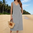 thumbnail image 2 of CHGBMOK Women Tank Dresses V Neck Sleeveless A-line Dress Solid Linen Loose Casual Maxi Dress with Pockets, 2 of 8