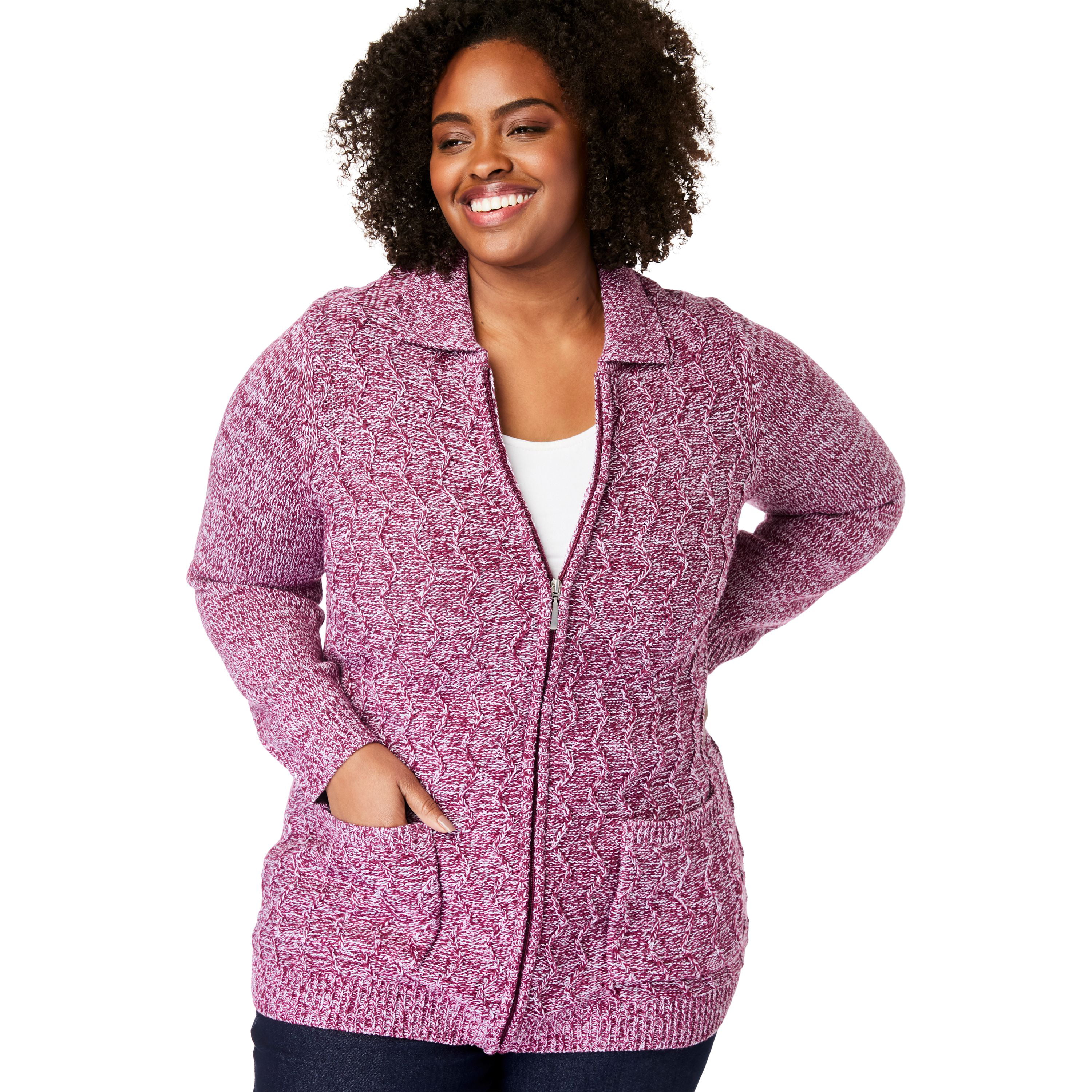 Woman Within Womens Plus Size Marled Zip-Front Cable Knit Cardigan Sweater 