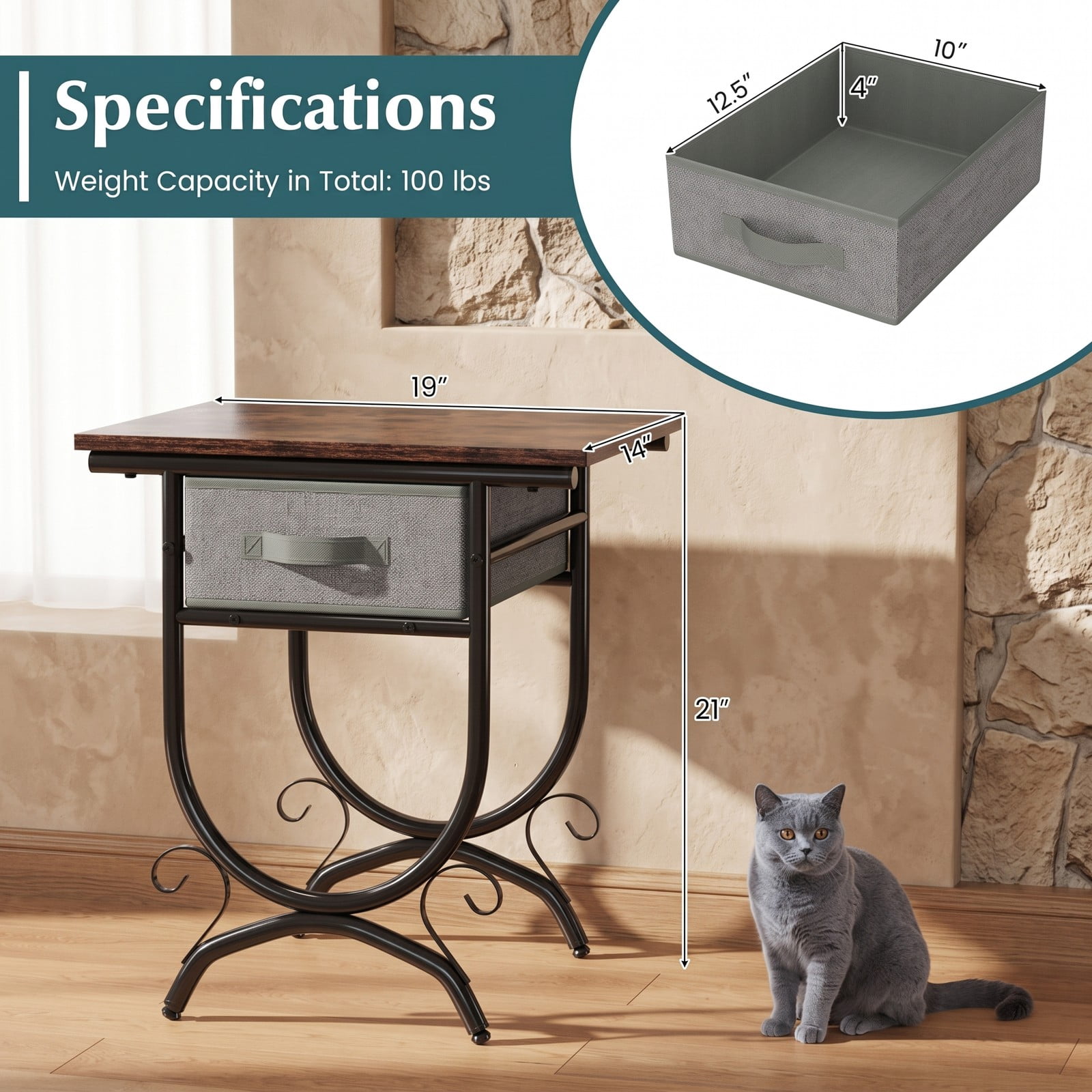 Furnibear Side Table with Fabric Drawer and Carved Metal Frame Nightstand for the Living Room and Bedroom, Black and Gray