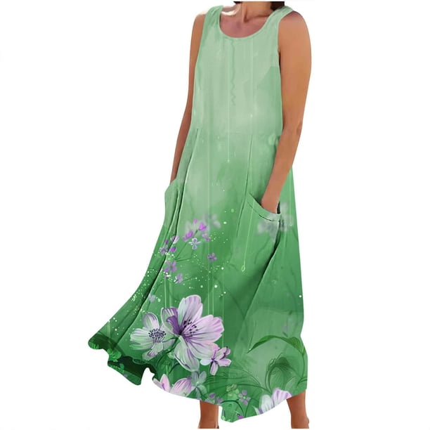 Vestido de Verano para las Mujeres sin Mangas Lino-Look Impreso Maxi, Suelto Fluido Y Vestido Sexy de Moda para las Mujeres