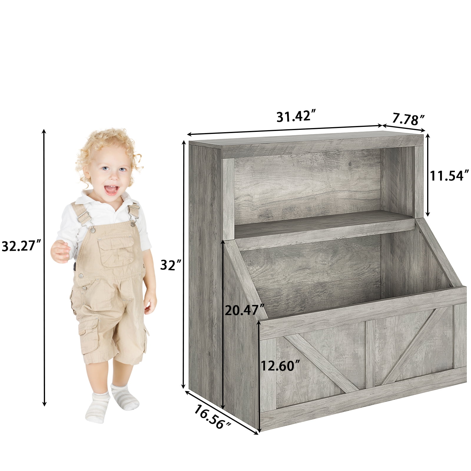 Homhougo Kids Bookshelf with Toy Storage, Wooden Storage Organizer with Cubby, Bookcase for Playroom, Bedroom, Nursery, Children's Room, Grey