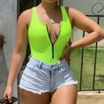 thumbnail image 4 of Olyvenn Summer Women's One-Piece Swimsuit Trendy V-Neck Swimwear Sets Summer Beach Outfits for Girls Solid Color Beachwear Half Zip Bathing Suit Female Relaxed Green 10, 4 of 7