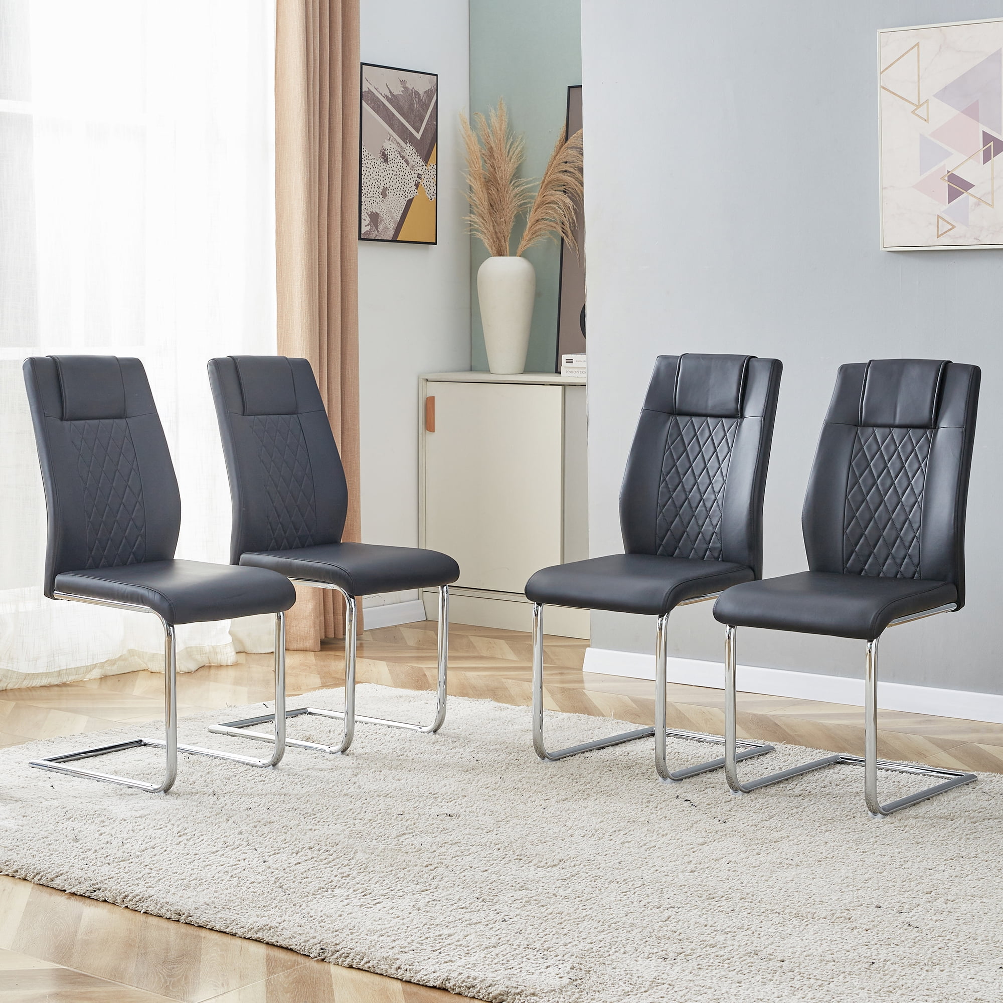 NYEESS Set of 4 Black High Back Dining Chairs Armless with Waterproof Faux Leather Upholstered Seat Chrome Metal Legs for Kitchen Dining Room