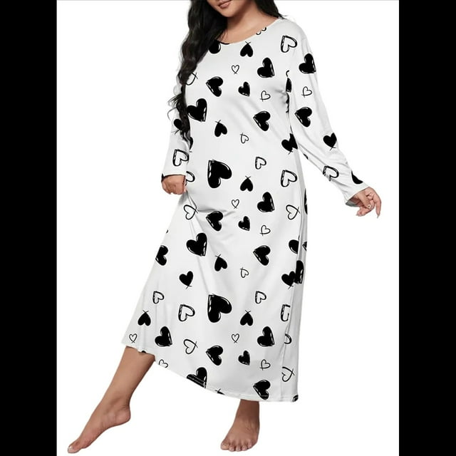 Camisón de Larga para Mujer, Estampado, Camiseta, Vestido de Dormir Amor Negro 5XL
