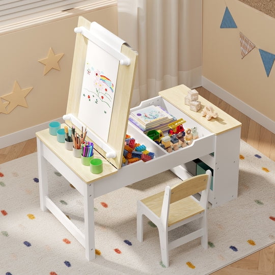 Aiho 3 in 1 Kid Table & Chair Set, Child Activity Table, Kids Table Set Painting with Cabinet for Daycare, Classroom, Home - Natural