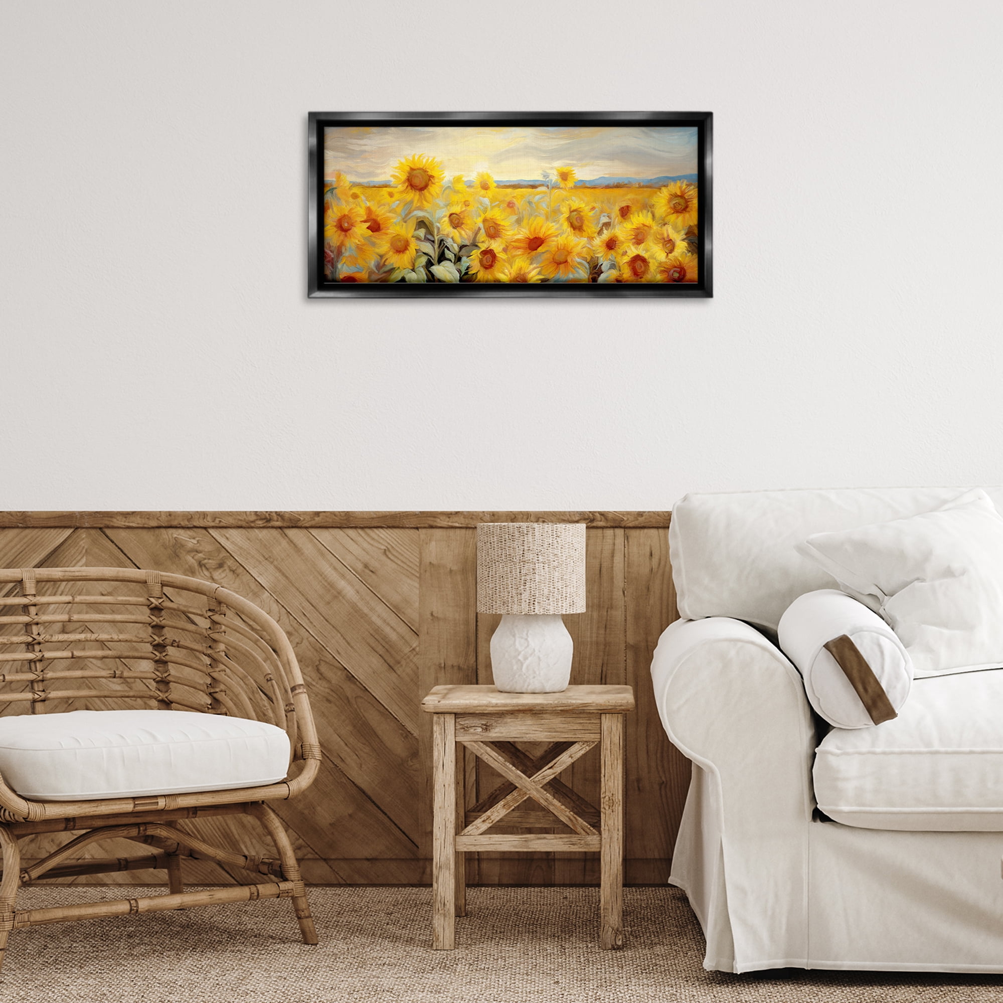 Stupell Industries Panoramic Sunflower Field Landscape & Nature Painting Black Floater Framed Canvas Art Print Wall Art, 25 x 11