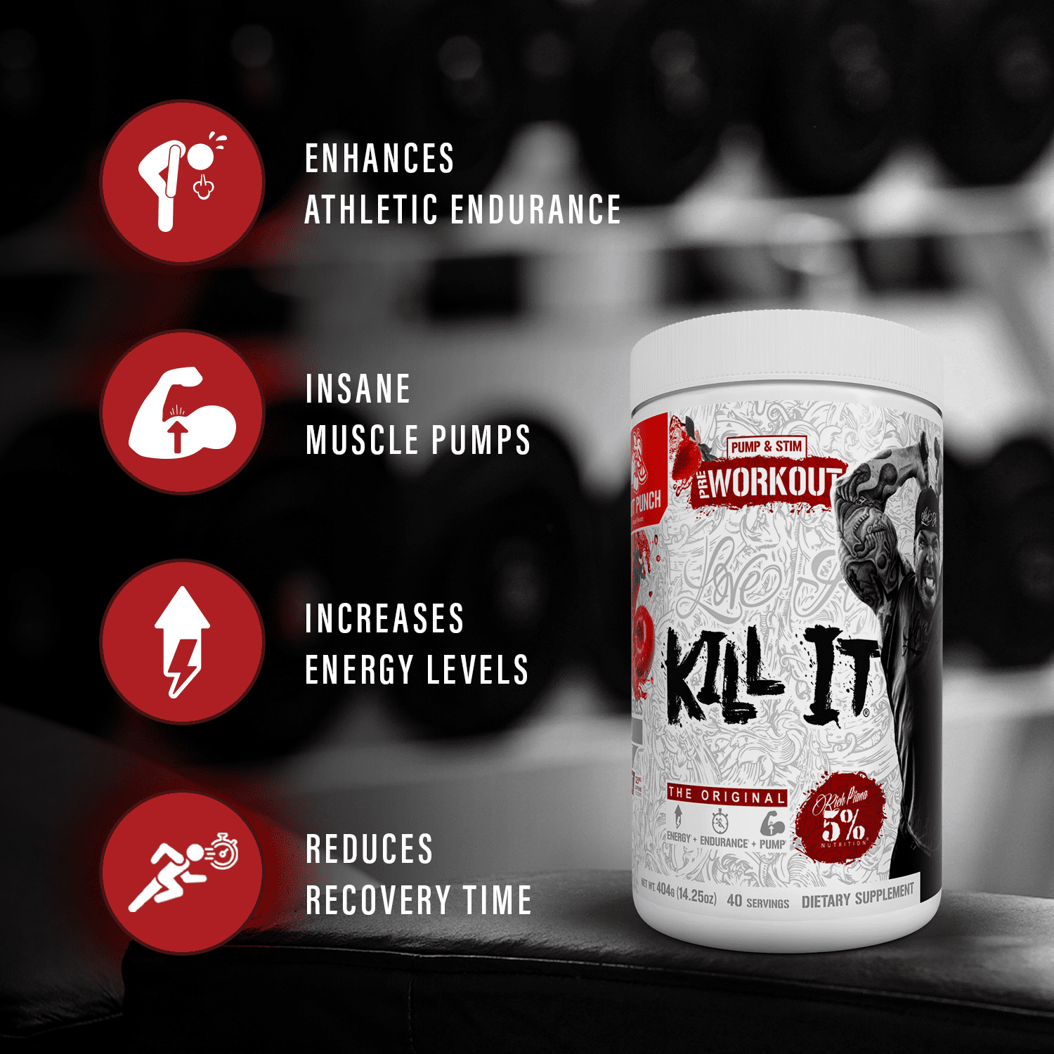 5% Nutrition Rich Piana Kill It Pre-Workout Powder Supplement with Creatine & Caffeine for Pump, 40 Servings (Wildberry)