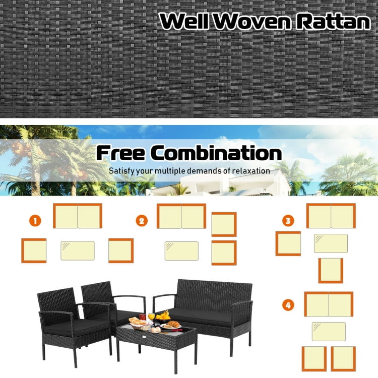 Aimee Lii Rattaner Outdoor Patio Furniture, 4 Pieces Patio Rattan Wicker Conversation Set Sofa Cushioned Glass Table, Black Aimee Lii Rattaner Outdoor Patio Furniture, 4 Pieces Patio Rattan Wicker Conversation Set Sofa Cushioned Glass Table, Black