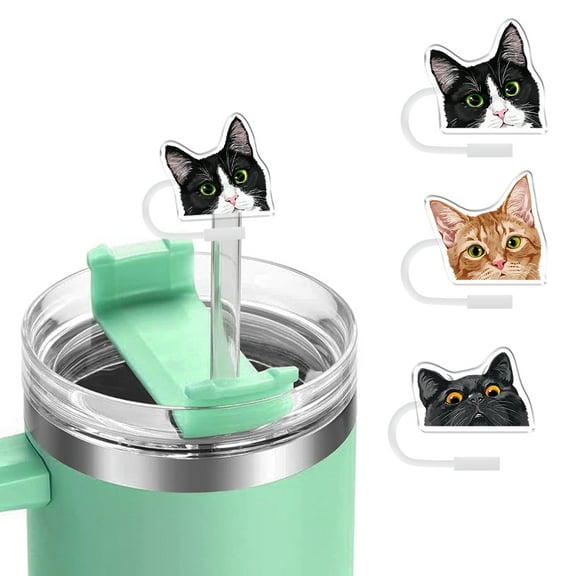 WIRESTER 3pcs Set Drinking Straw Toppers, 10mm Reusable Straw Cover Cap for Stanley Cup 30oz 40oz Tumbler - Cat Black Bombay Kitten Cat & Orange Tabby Kitten Cat & Black White Tuxedo Cat
