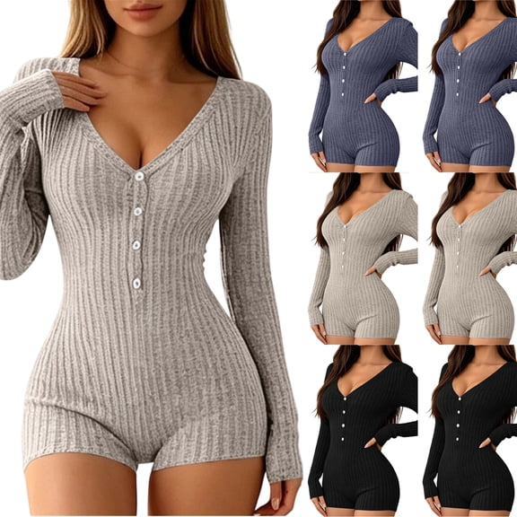 WLOMHUW Women's Bodycon Jumpsuit V Neck Ribbed Long Sleeve Romper with Button Front Slimming Fit Loungewear Gray S