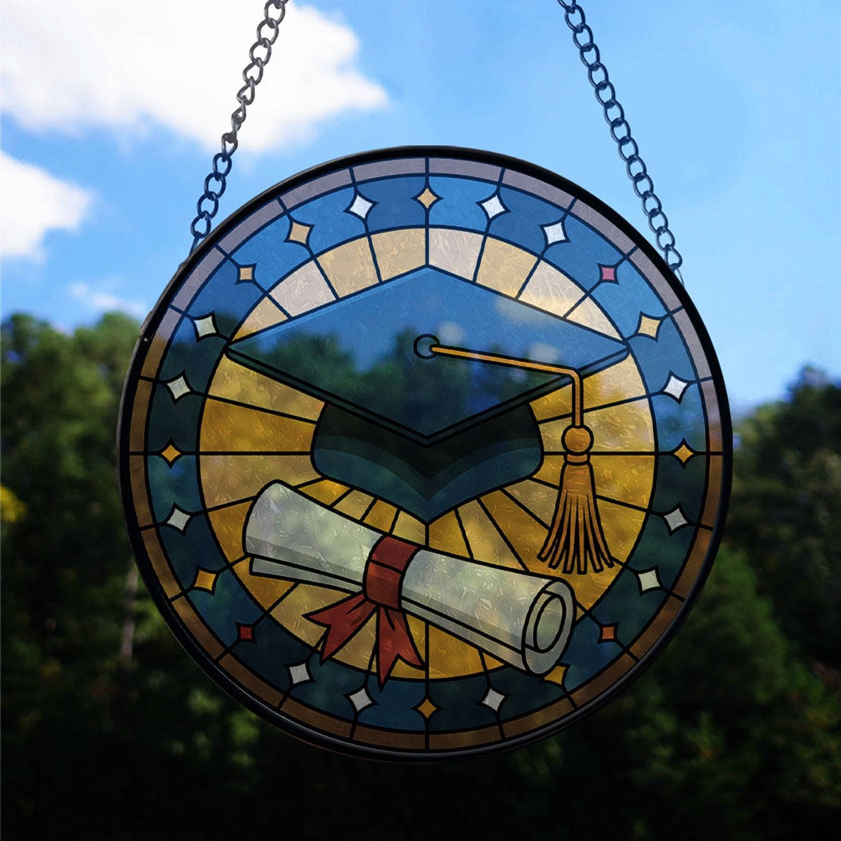 A Graduation Cap and Diploma Stained Glass Suncatcher Window Hanging – Holiday Window Hanging Gift with Custom Text for Family, Friends, Man & Woman, Christmas 2025 Tree Keepsake