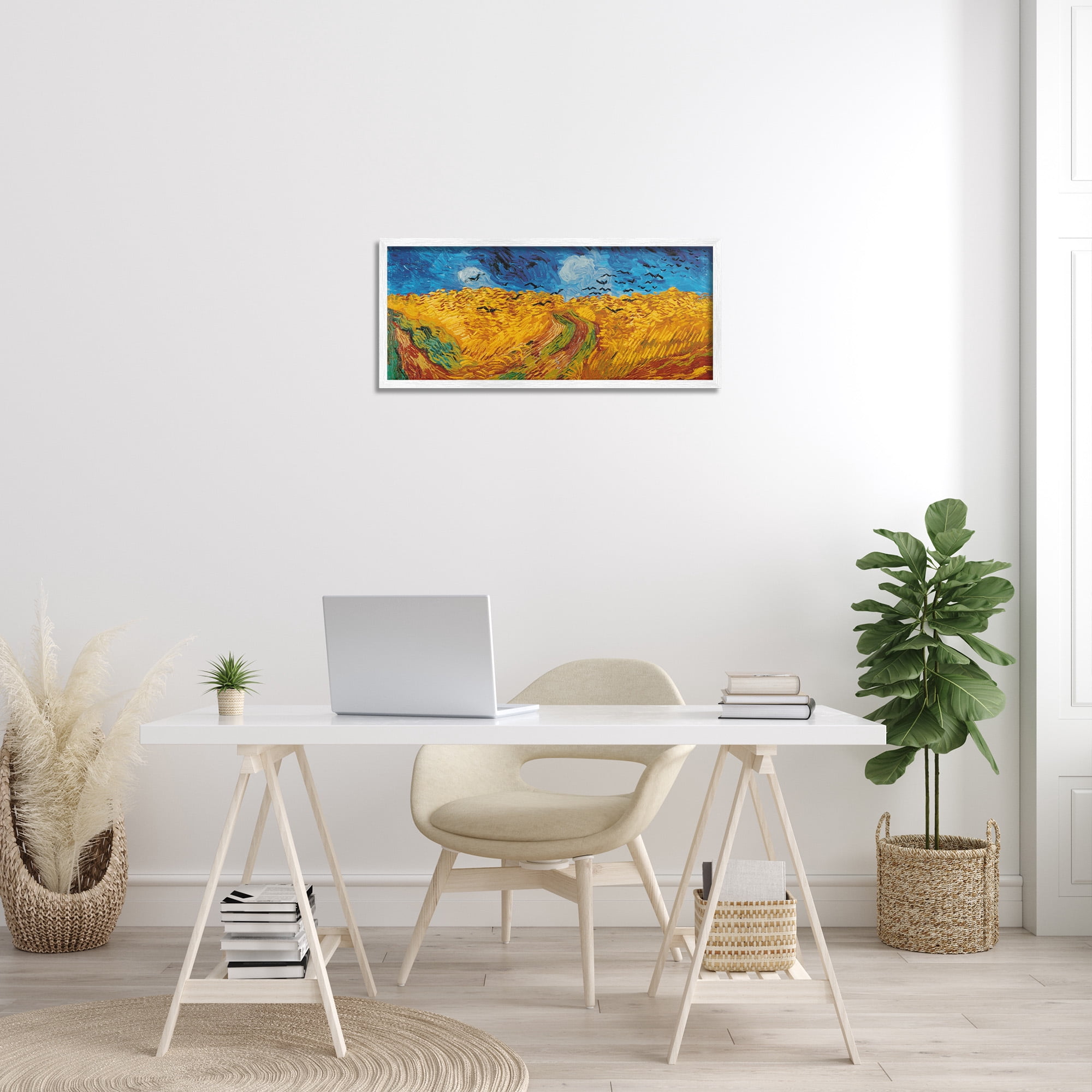 Stupell Industries Wheat Field with Crows Classic Landscape Painting White Framed Art Print Wall Art, 30 x 13