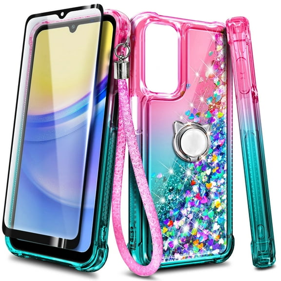 Nagebee Liquid Case with Tempered Glass Screen Protector for Samsung Galaxy A15 5G, Pink & Aqua