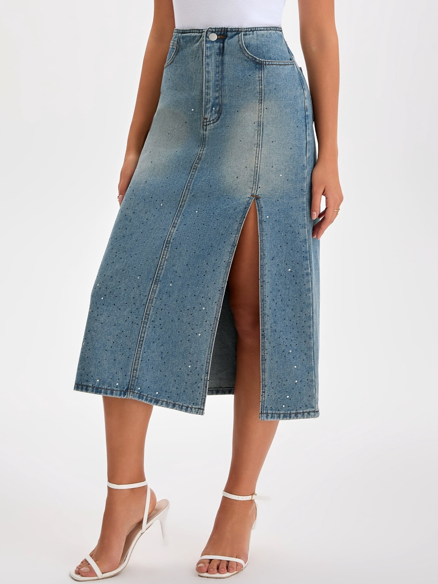 DARING DIVA Women's Midi Denim Skirt Side Split Rhinestone Jean Skirts XX-Large Gray Blue