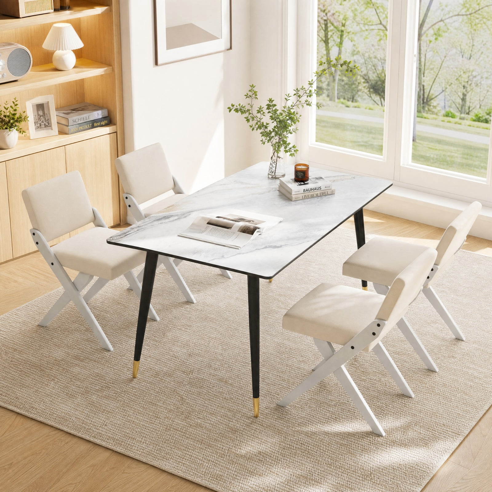 Furnibear Wooden Dining Chairs Set of 2 with Rubber Wood Frame and Padded Polyester Cushion for Kitchen and Dining Room, White