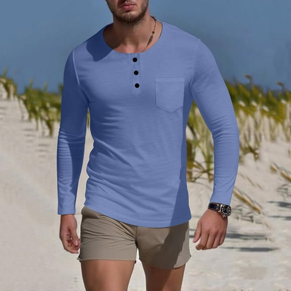 pstuiky manga larga de hombre, Camisa de capa base de ejercicio de manga larga para hombre, informal, con cuello redondo, bolsillos y botones, de colores sólidos camisetas de hombre xl