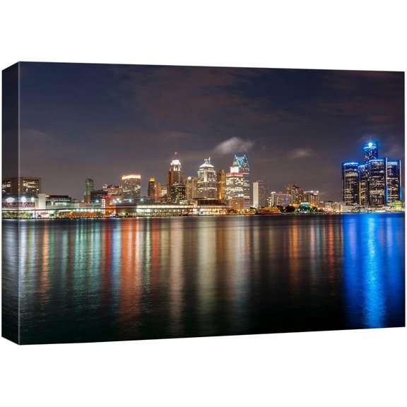 Aaheei Canvas Print Wall Art Detroit, Michigan City Night Skyline Architecture & Maps Cityscape Photography Realism Global Scenic Multicolor for Living Room, Bedroom, Office 8 x 10 in