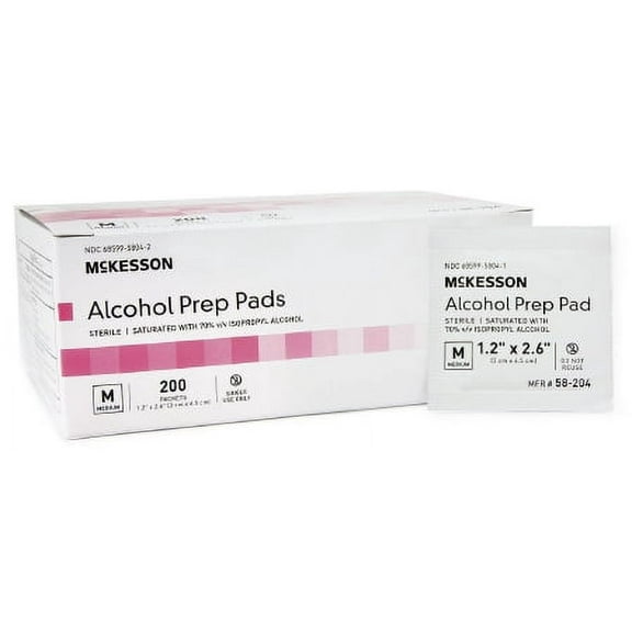 McKesson Alcohol Prep Pads Isopropyl Alcohol, 70% Individual Packet Medium Sterile - 800 Count, 4 Boxes of 200