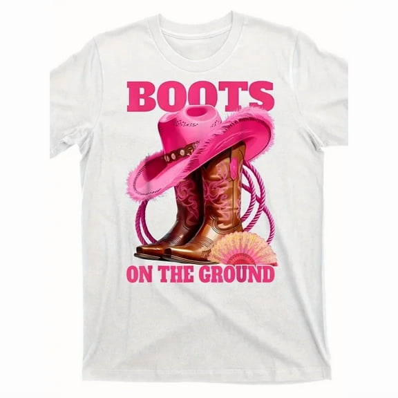 100% cotton tshirts men tee Boots on the Ground Western Cowboy Graphic T-Shirt - 100% Cotton 180GSM Unisex Short Sleeve Tee with Vibrant Pink Boots & Cowboy Hat Print