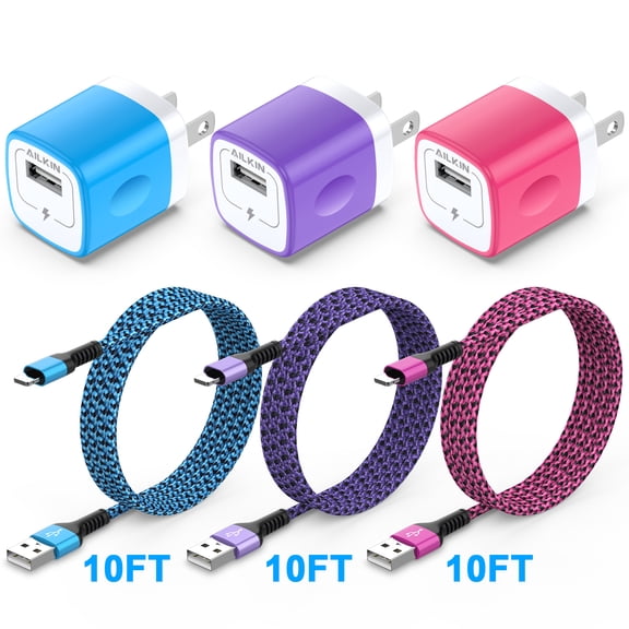 Compatible with iPhone Charger Fast Charging AILKIN 3Pack Charger Block with 10ft Cord Charging Block Plug Power USB Wall Charger Adapter Compatible with iPhone 14/13/12/11(Multicolor)
