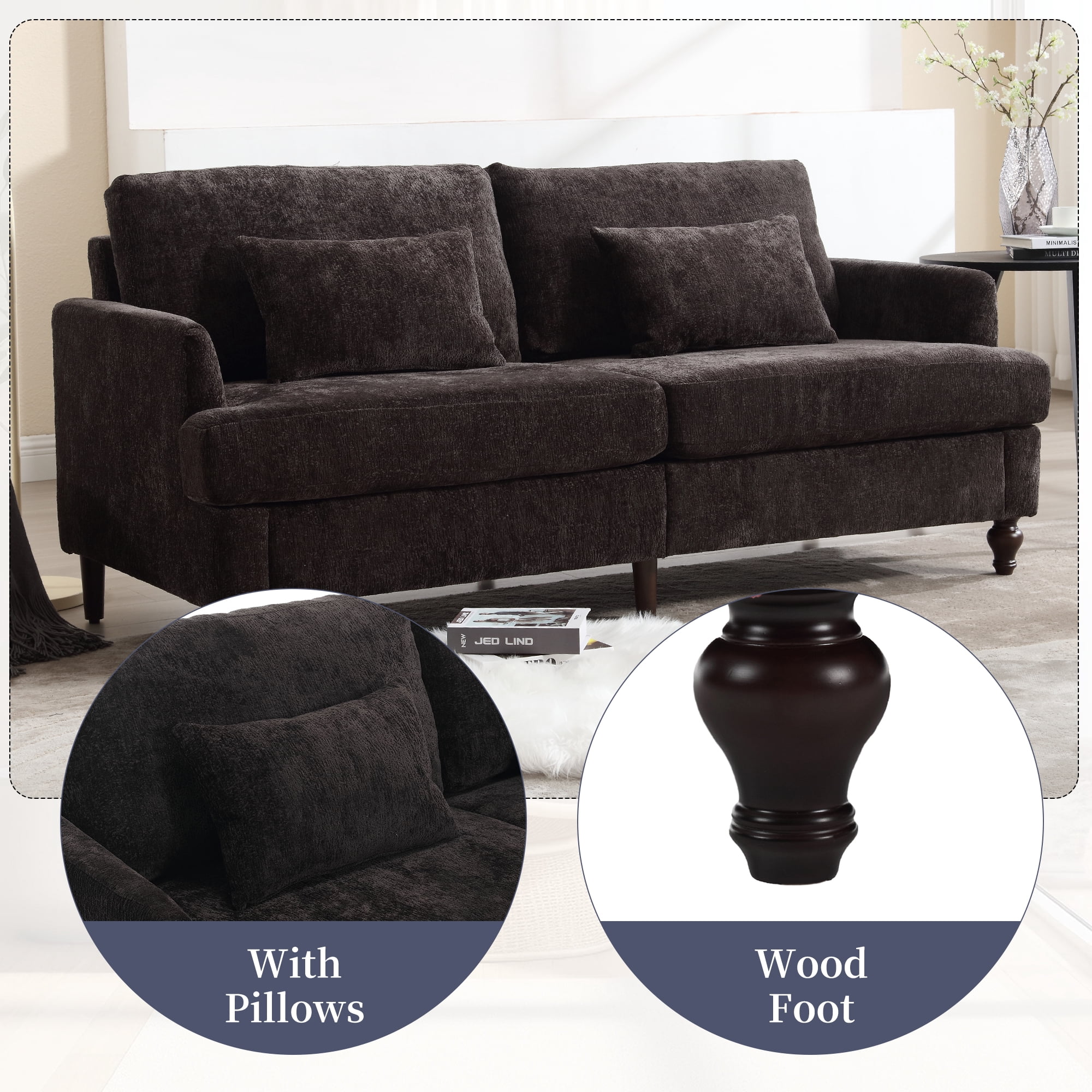 MOONMISS Chenille Upholstered Mid Century Modern Wood Frame Loveseat-Black