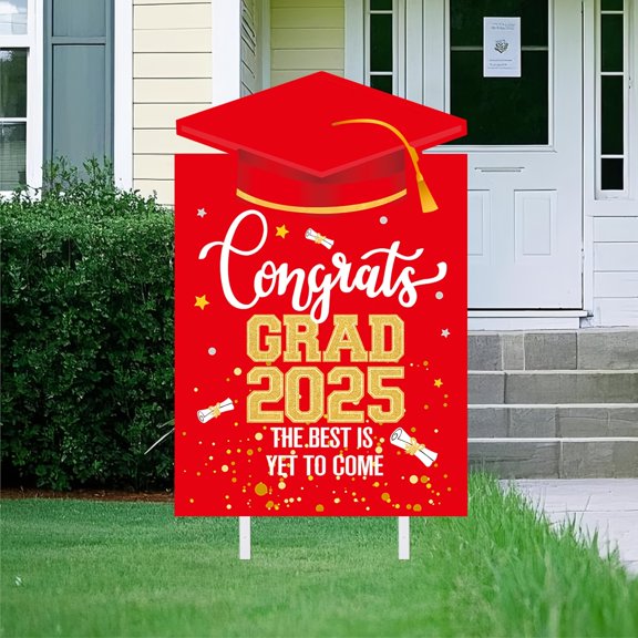 Class of 2025 Graduation Yard Sign - 2D Flat, Red & Golden "Congrats Grad" Lawn Decoration, Durable Plastic, Easy Install, Outdoor Graduation Party Celebration Accessory