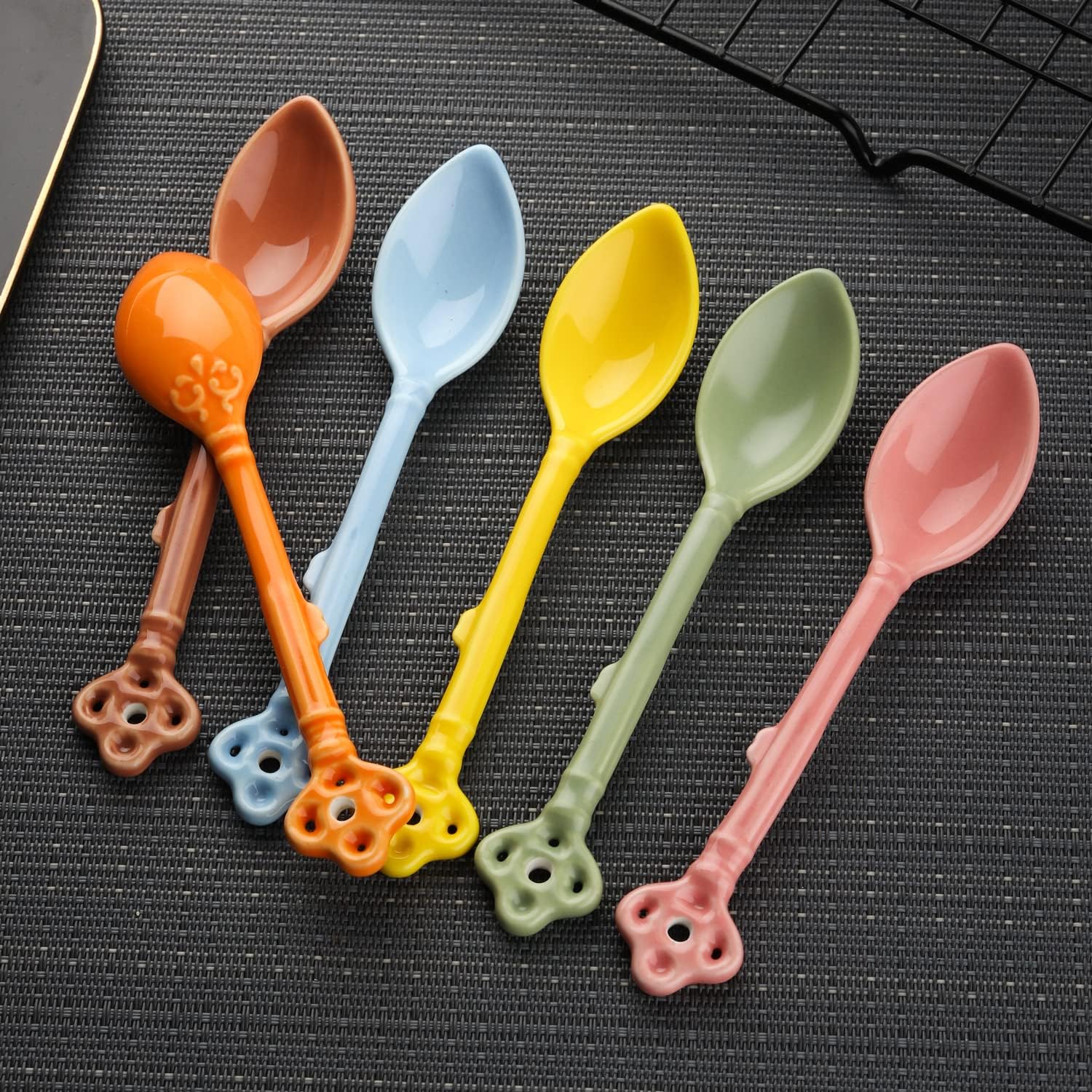 ABCISI Retro Key Shape Coffee Spoons, Vintage Ceramic Espresso Spoons Set of 6, Small Coffee Stirring Spoon for Coffee, Dessert, Tea and Ice Cream, Multicolored