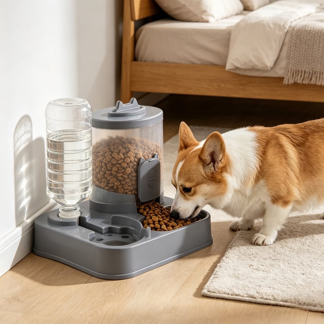 Automatic Pet Feeder and Water Dispenser Combo for Cats and Small Dogs with Raised Neck Bowl, Large Capacity, Spill-Proof Base, Plastic, Multiple Colors