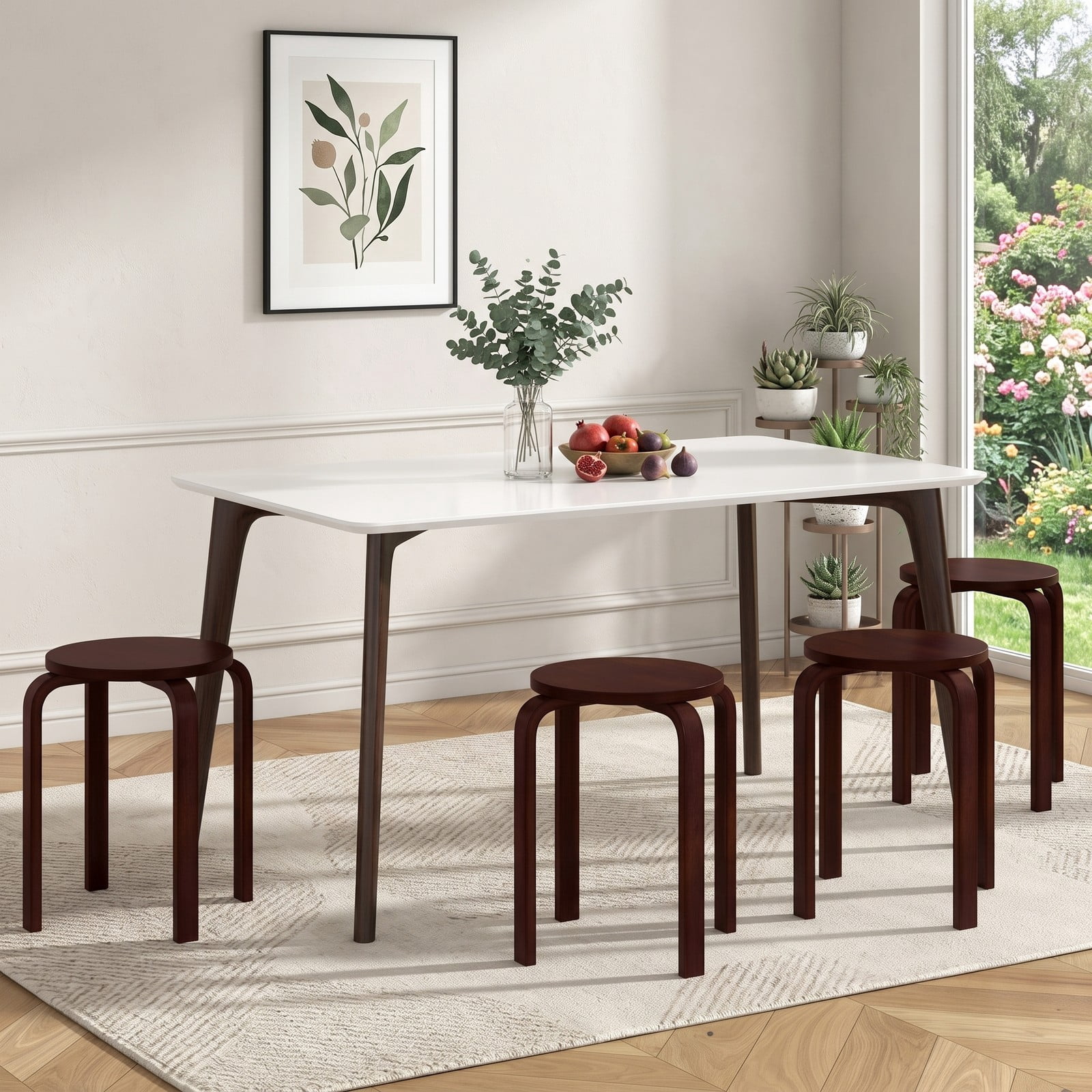 Furnibear Set of 4 Stackable Bentwood Dining Chairs, 18 Inch Round Top Solid Wood Kitchen Side Chairs, Space-Saving Backless Stackable Seats for Kitchen, Deep Brown