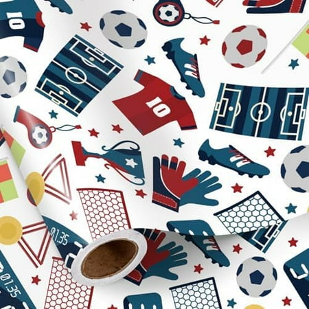 Soccer Wrapping Paper Roll for Kids Boys, Mini Roll, Football Theme with Jersey, Scoreboard, Trophy and Soccer Ball Gift Wrap for Sports Birthday, Game Day Party, 17 Inches x 16.4 Feet