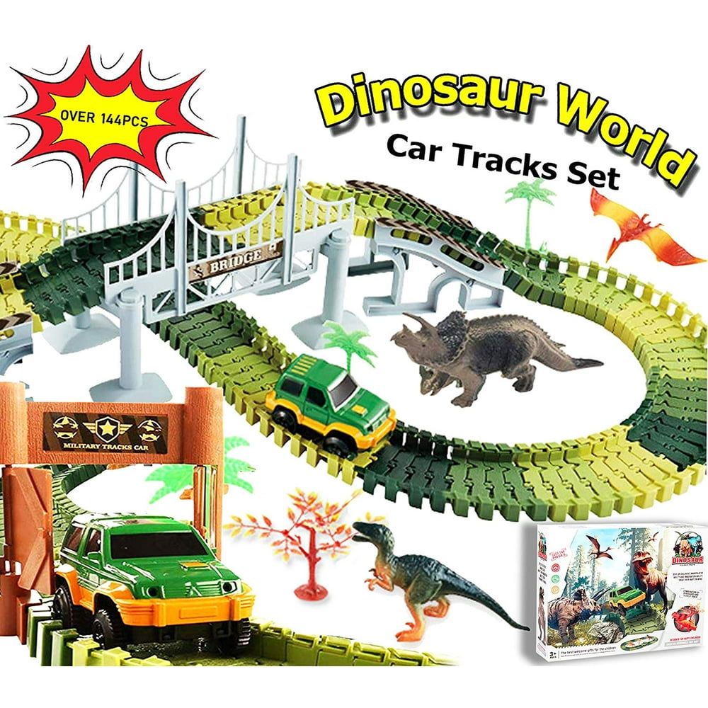 144 Piece Dinosaur Tracks Car need Battery Operated Toy Train Tracks Create Road Playset