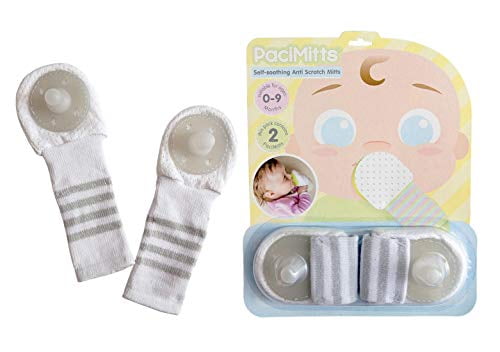 Woombie PaciMitts with Attached Pacifier Helps Soothe Baby and Relieve Sore Gums While Anti Scratch Mittens Protect from Scratching (1 Pack of 2 Mitts) (Gray 6-12 mos.)