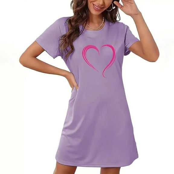 Zorckvet Womens Heart Print Nightgowns Valentine's Day Sleepshirts Plus Size Short Sleeve Soft Fashion Crewneck Nightshirts for Women